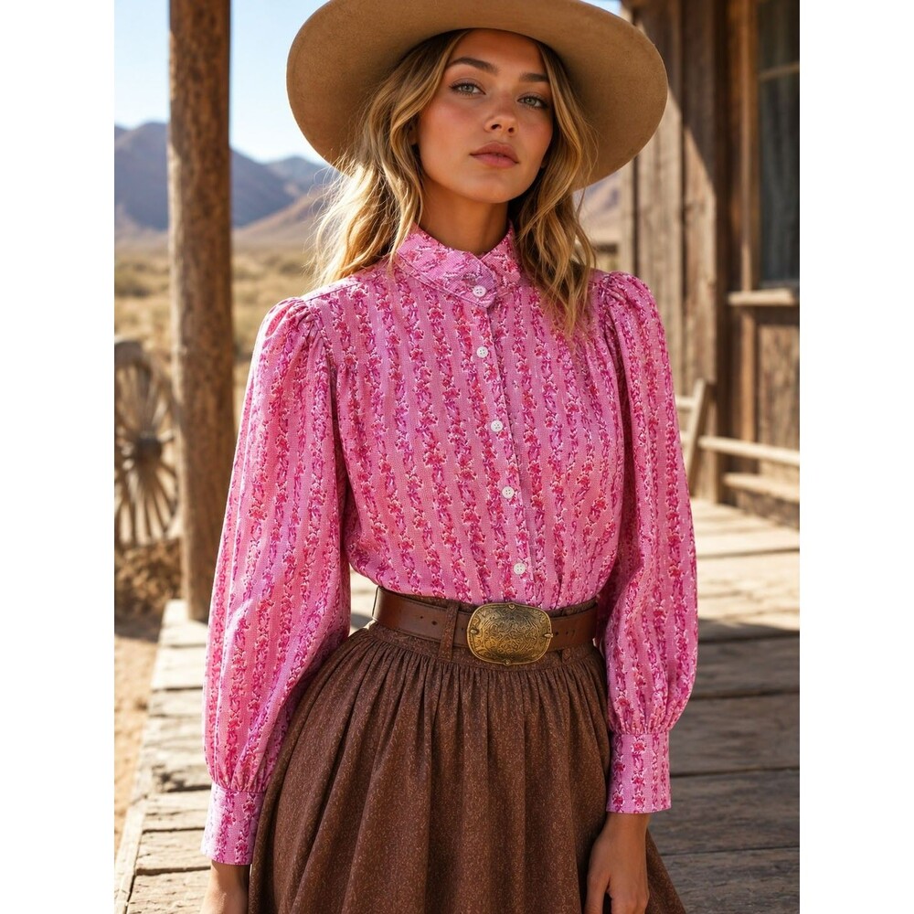 Frontier Classics XS Puff Sleeve Western Wear Blouse Top Pink Floral Reenactment